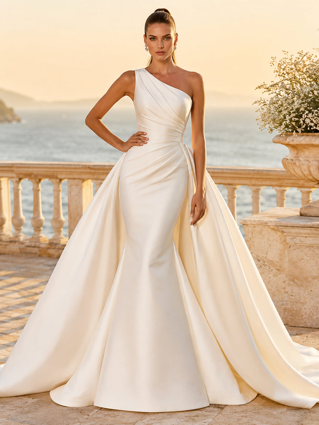 Beach Satin Wedding Dress Mermaid One Shoulder Sleeveless Chapel Train Bridal Gown front view
