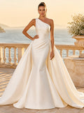 Beach Satin Wedding Dress Mermaid One Shoulder Sleeveless Chapel Train Bridal Gown front view