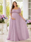 Lavender Plus Size Maternity Square Neck Puff Sleeve Chiffon Empire Formal Gown front view