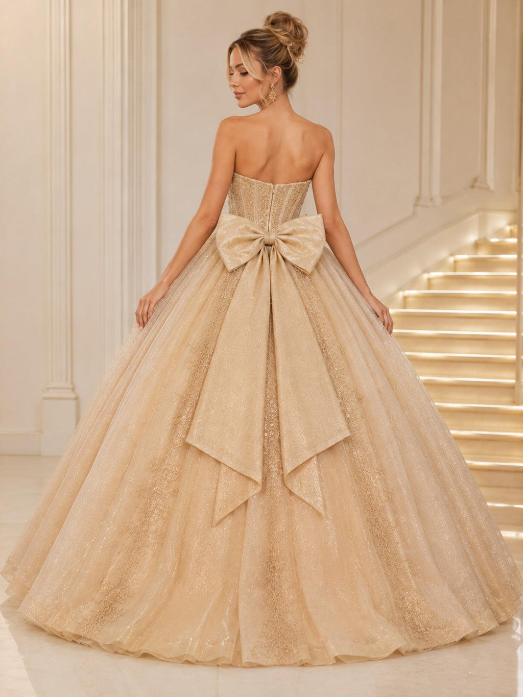 Gold Luxury Strapless Sweetheart Oversized Bow Glitter Tulle Sweet Sixteen Princess Ball Gown back view