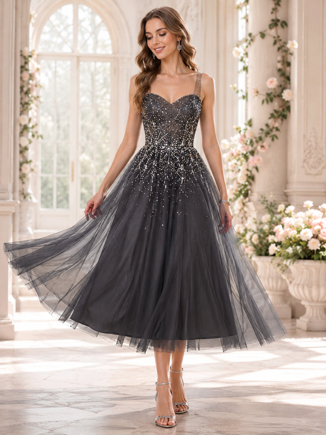 Steel Grey Sweetheart Beaded Tulle Tea Length Guest Dress front view