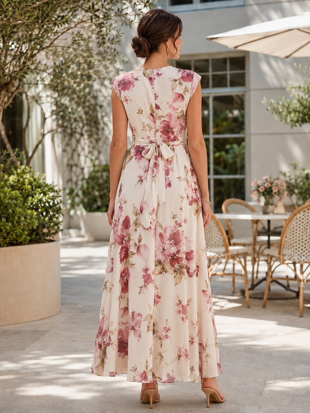 Burgundy Floral Sleeveless Wrap Ankle Length Guest Dress back view