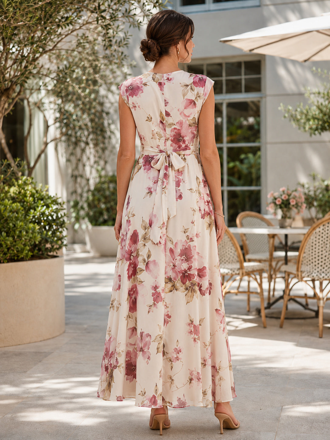 Burgundy Floral Sleeveless Wrap Ankle Length Guest Dress back view