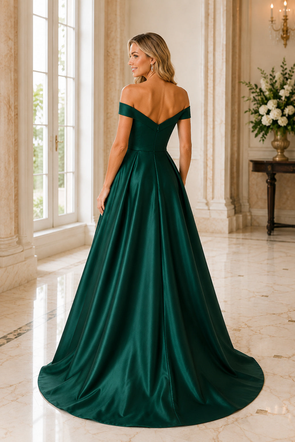 Dark Green Off-the-Shoulder Satin Ball Gown Formal Dress with Full Floor Length Skirt back view