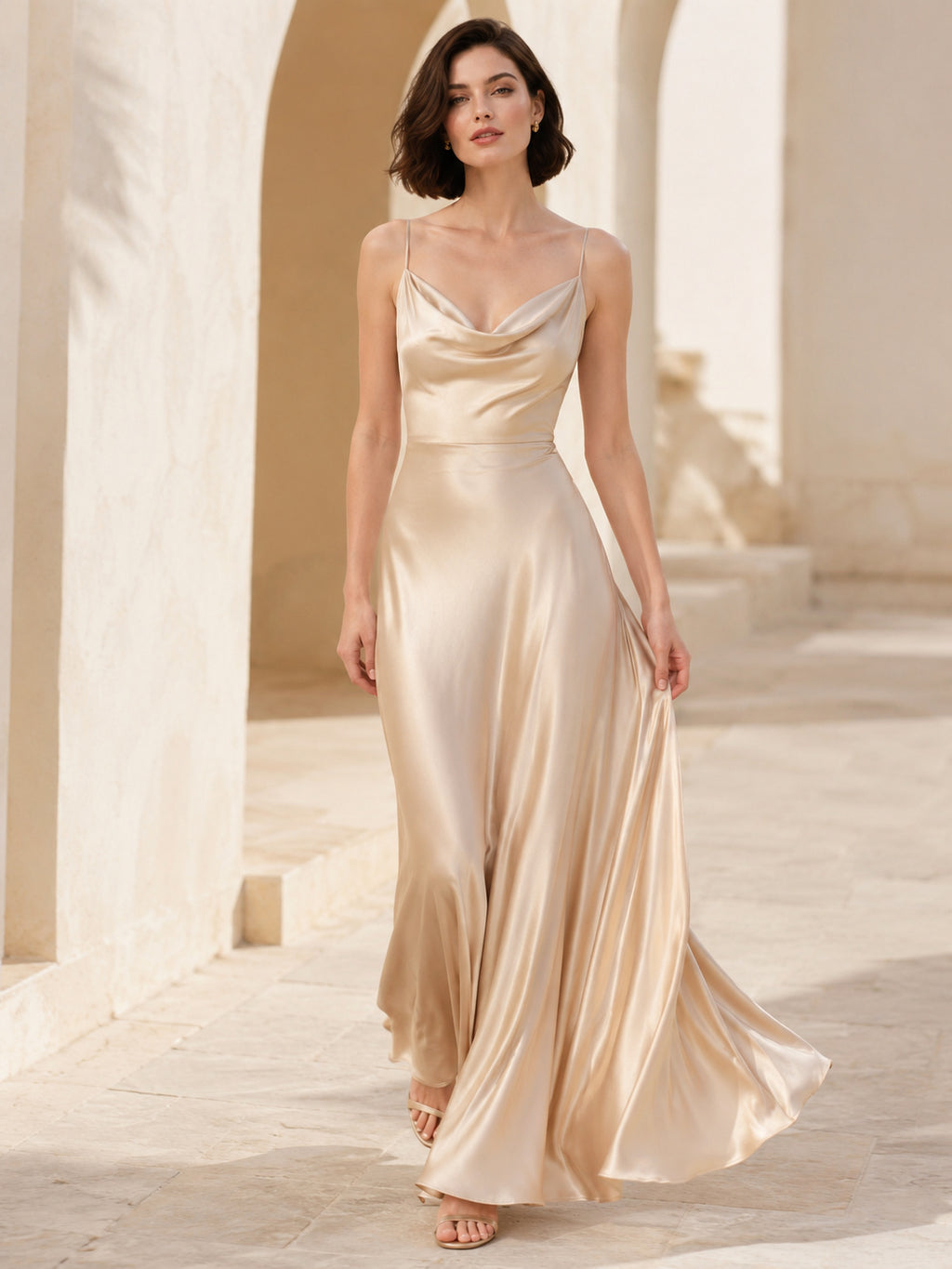 Champagne Cowl Neck Satin Floor Occasion Dress front view