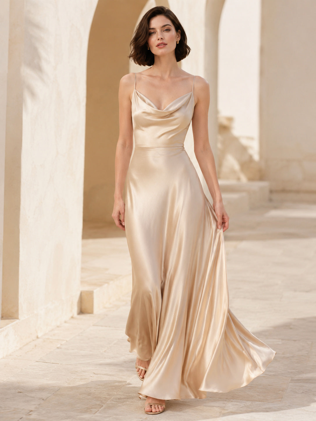 Champagne Cowl Neck Satin Floor Occasion Dress front view