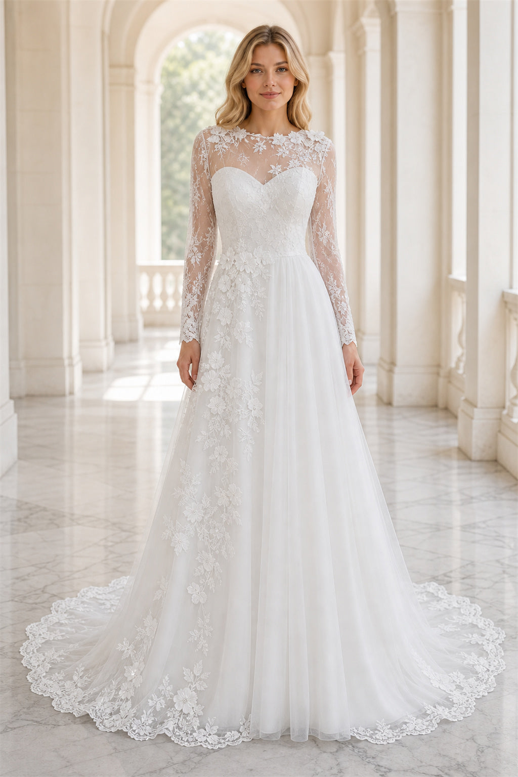 White Illusion Long Sleeves A-Line Tulle, Lace Floor-length Wedding Dress With Lace Appliques and Train