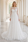 White Illusion Long Sleeves A-Line Tulle, Lace Floor-length Wedding Dress With Lace Appliques and Train