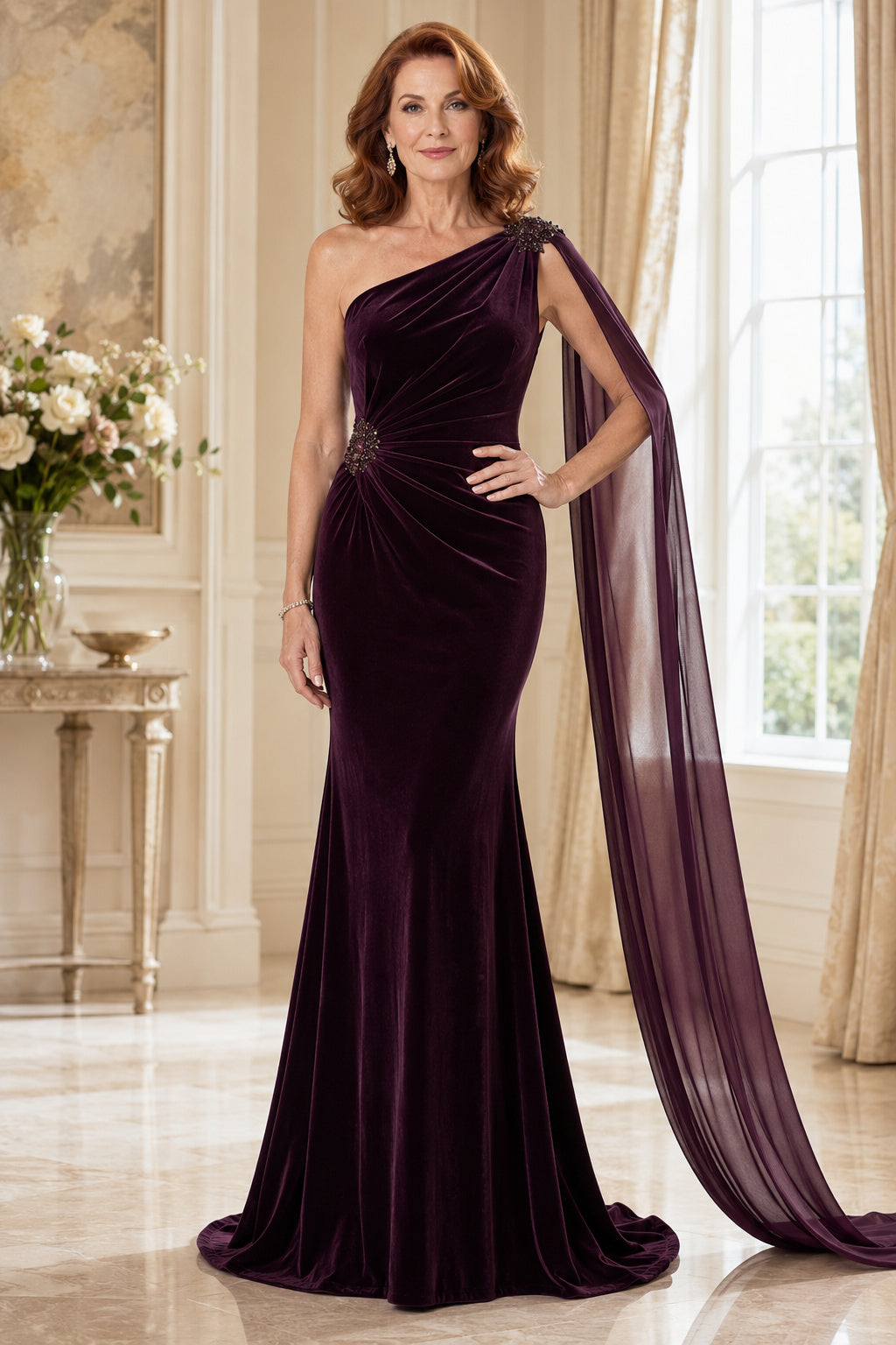 Plum One-Shoulder Velvet Mermaid Mother Dress with Long Chiffon Cape front view
