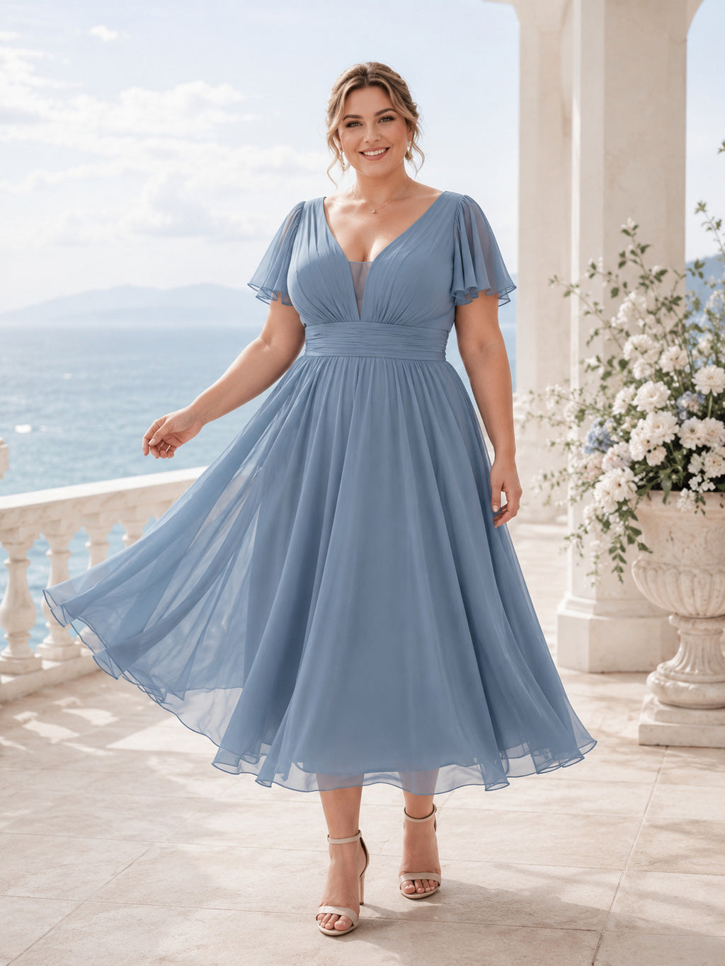 Dusty Blue V-Neck Tulle Tea-Length Bridesmaid Dress front view