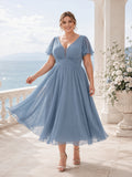 Dusty Blue V-Neck Tulle Tea-Length Bridesmaid Dress front view