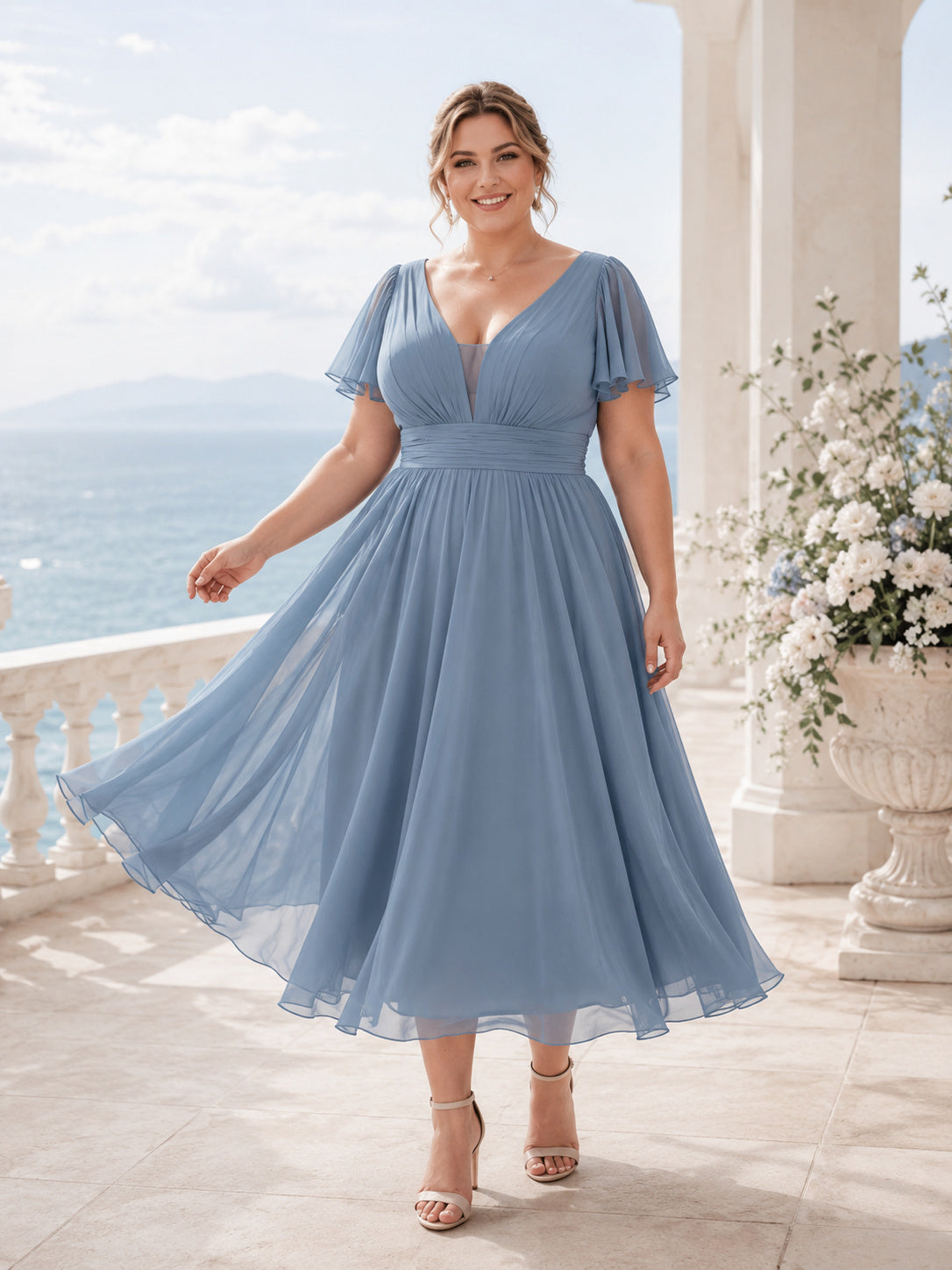 Dusty Blue V-Neck Tulle Tea-Length Bridesmaid Dress front view