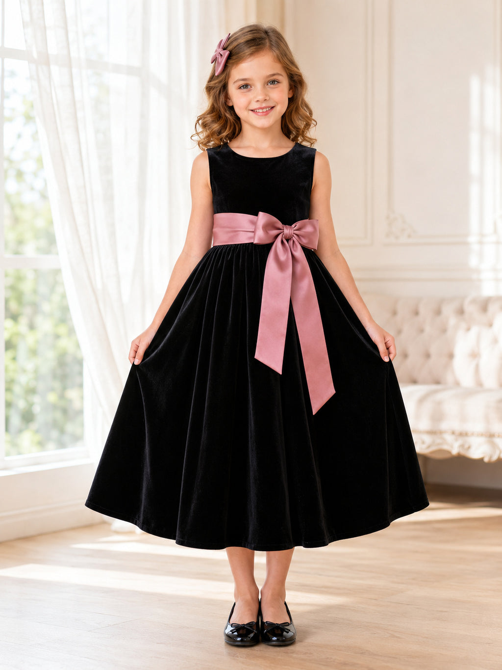 Black Classic A-Line Velvet Flower Girl Dress Sleeveless Scoop Neck Tea-Length Pink Sash Bow front view