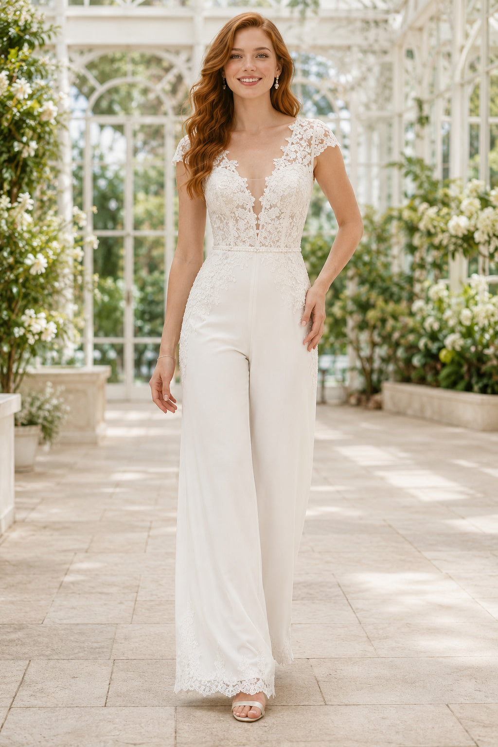 Ivory V Neck Lace Cap Sleeve Wedding Jumpsuit front view