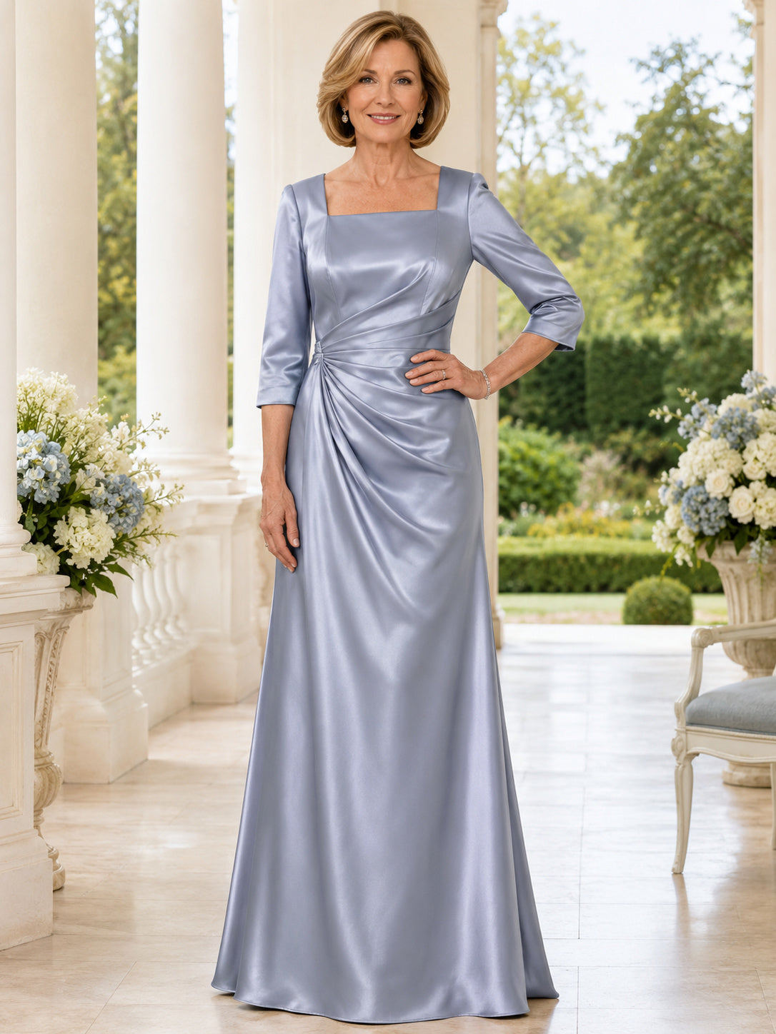 Steel Blue Modern Floor-Length Sheath Mother of the Bride Satin Gown with Square Neck Three-Quarter Sleeves and Side Drape fr
