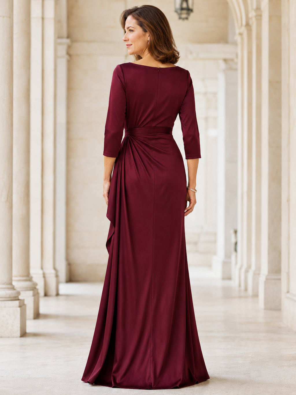 Claret Three Quarter Sleeve Ruched Mature Dress back view