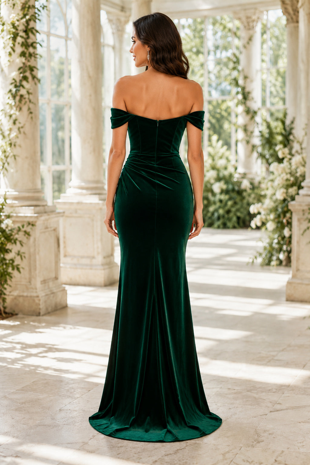 Dark Green Off-the-Shoulder Velvet Mermaid Prom Dress with Sweetheart Neckline and Slit back view