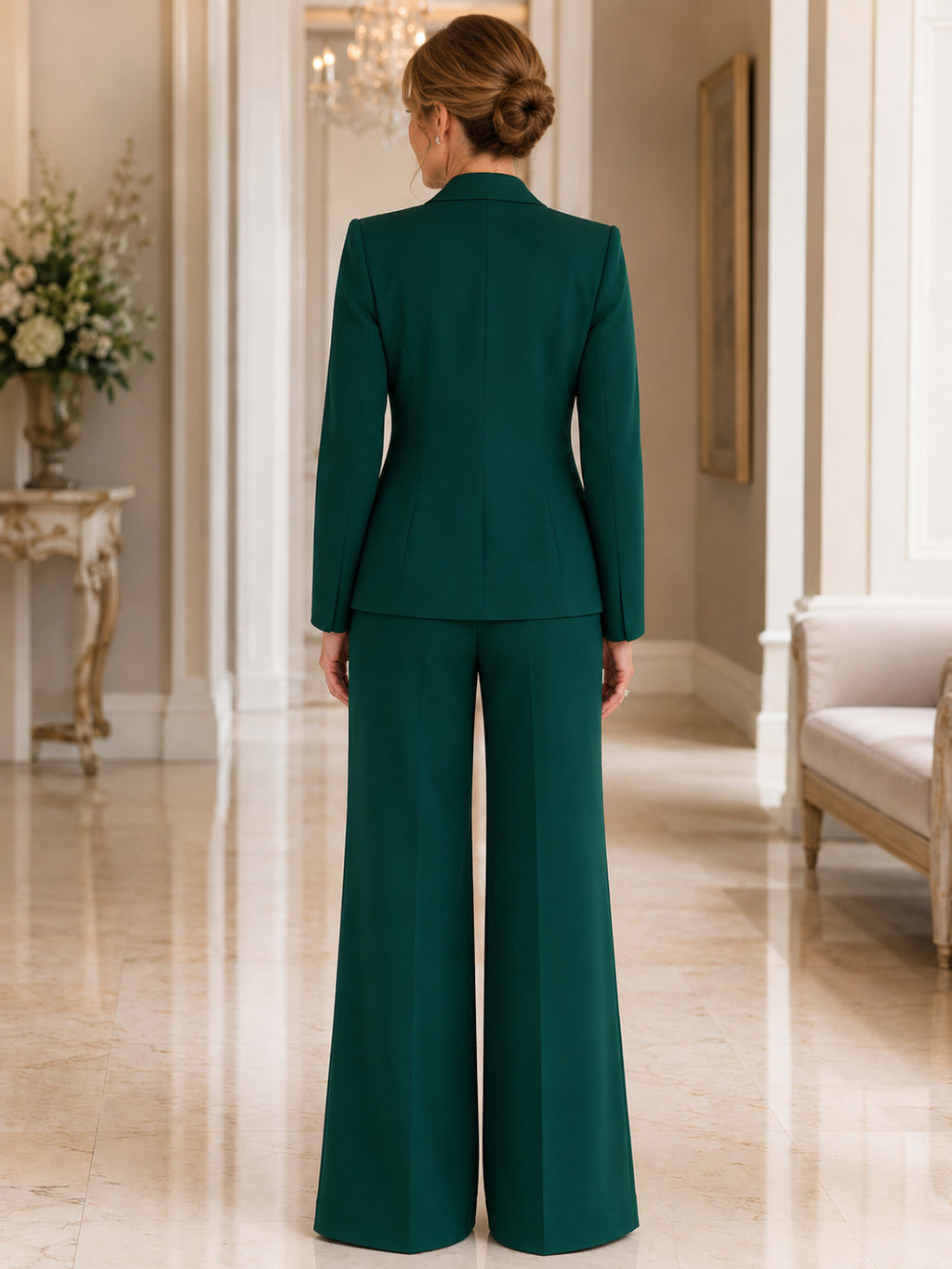 Dark Green Mother Jumpsuit with Cowl Neck Tailored Jacket and Wide Leg Pants back view