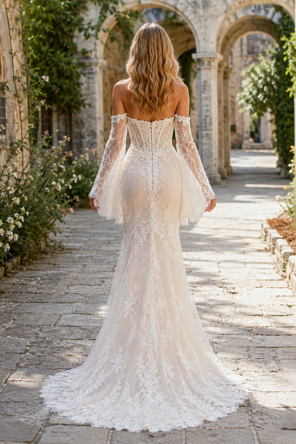 Ivory Off Shoulder Bell Sleeve Lace Mermaid Wedding Dress Split Train for Wedding Ceremony and Reception Style MG_701447 back