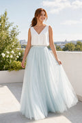 V-neck Sleeveless A-Line Tulle Floor-Length Dress With Full Skirt