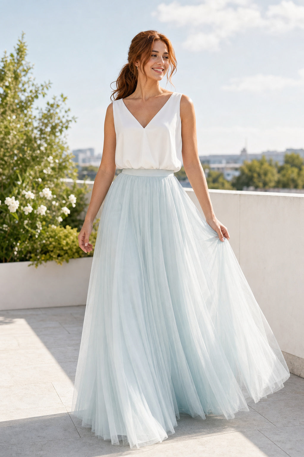 V-neck Sleeveless A-Line Tulle Floor-Length Dress With Full Skirt