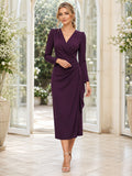 Plum V Neck Long Sleeve Satin Sheath Midi Guest Dress front view
