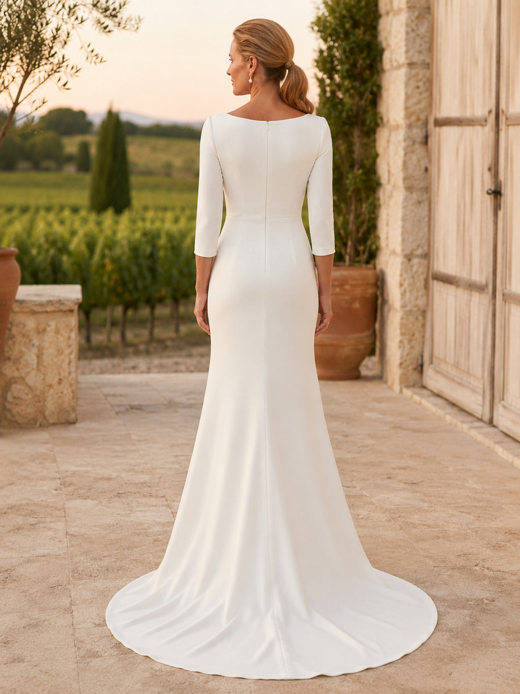 Stretch Satin Wedding Dress Mermaid Bateau Neck Long Sleeve Chapel Train Bridal Gown Style 722754 back view