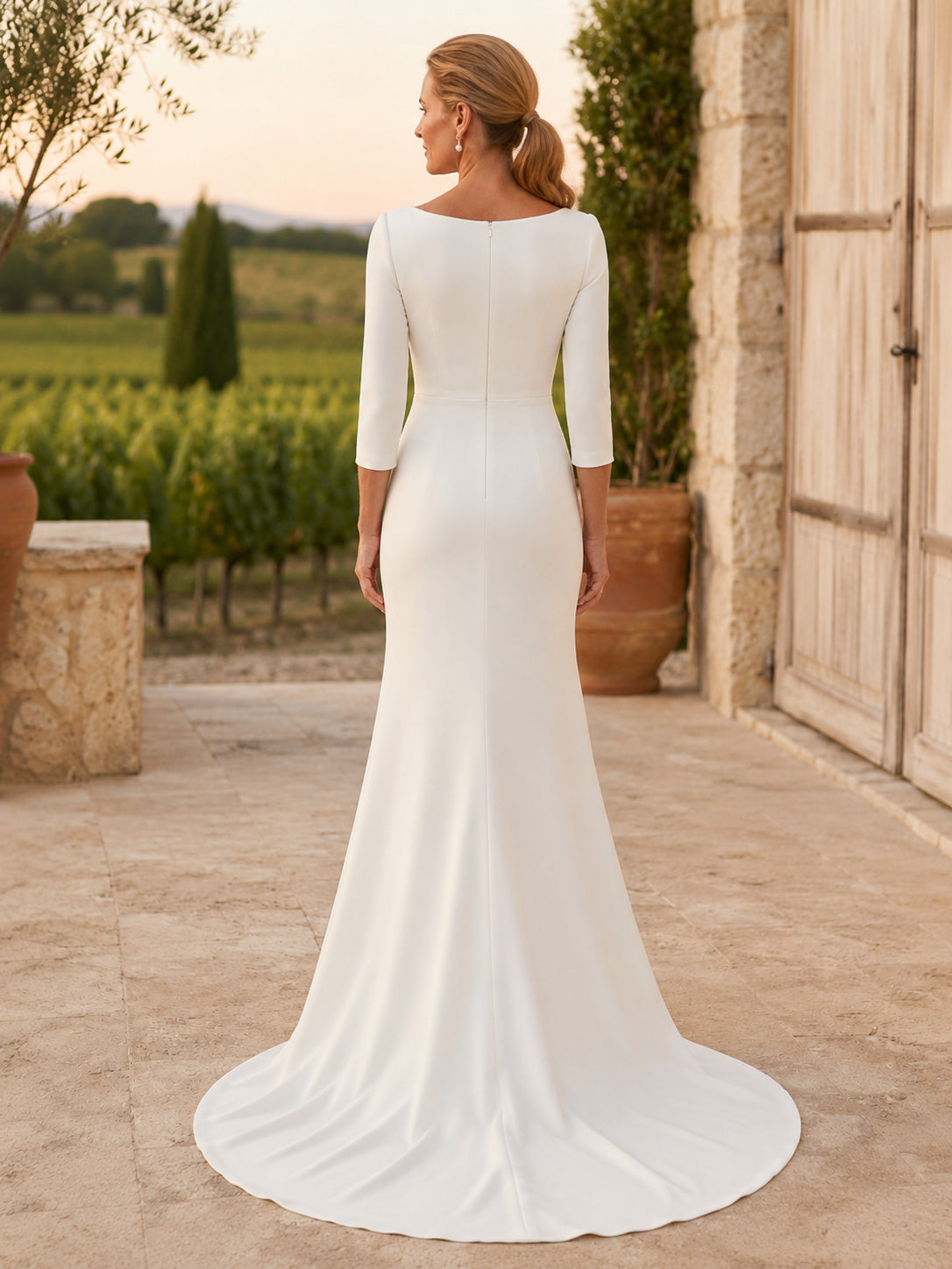 Stretch Satin Wedding Dress Mermaid Bateau Neck Long Sleeve Chapel Train Bridal Gown Style 722754 back view