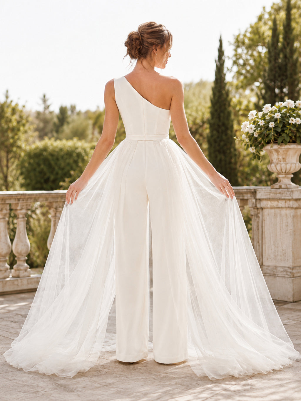 Wedding Pantsuit One Shoulder Detachable Tulle Skirt Sweep Train back view