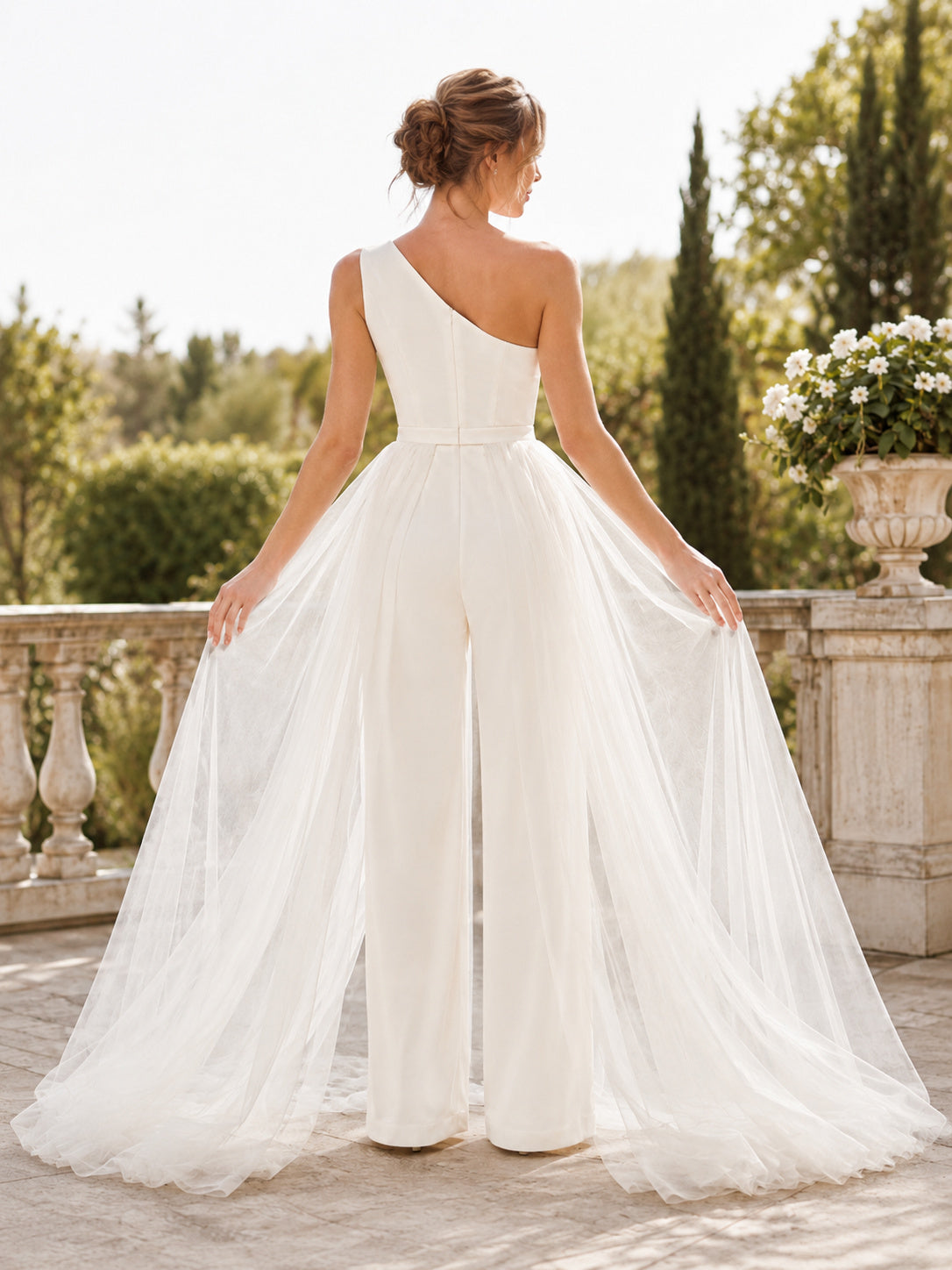 Wedding Pantsuit One Shoulder Detachable Tulle Skirt Sweep Train back view