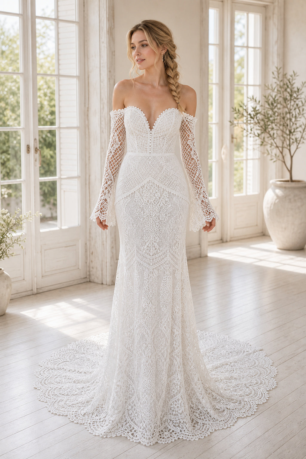 White Illusion Flutter Sleeves A-Line Lace Floor-length Wedding Dress With Lace and Beaded Bodice Lace Hem Detail