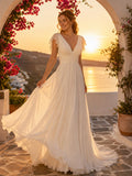 Romantic V Neck Flutter Sleeve Chiffon A-Line Beach Destination Wedding Dress front view
