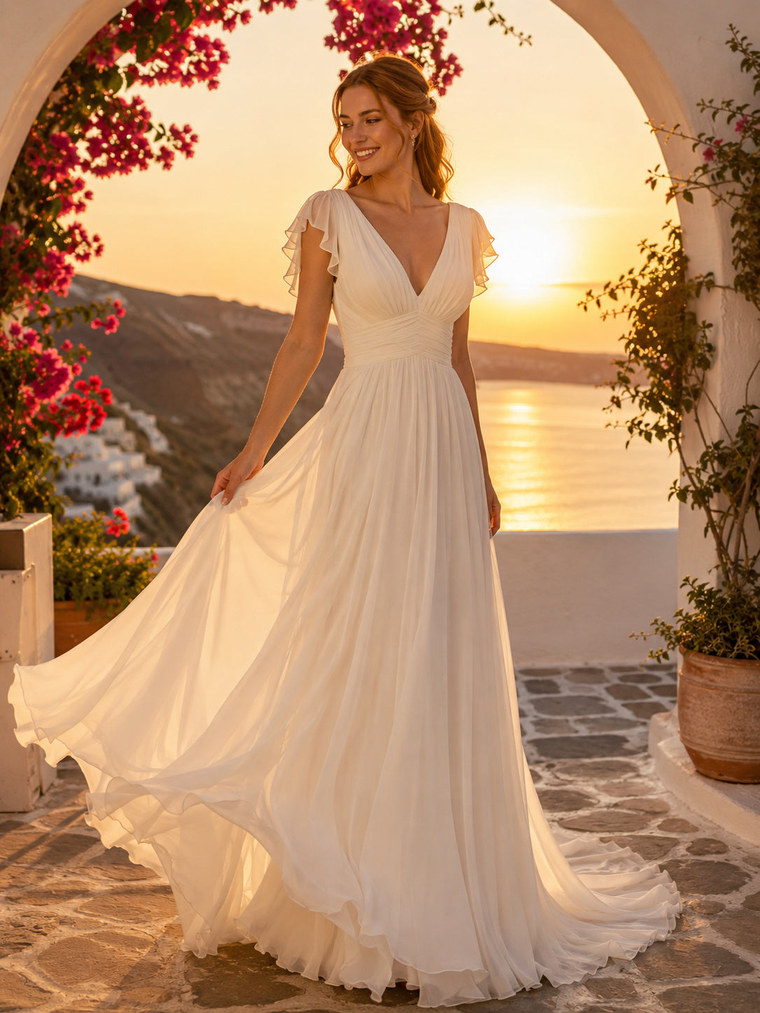 Romantic V Neck Flutter Sleeve Chiffon A-Line Beach Destination Wedding Dress front view
