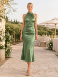 Jade High Halter Ruched Satin Backless Midi Guest Dress front view