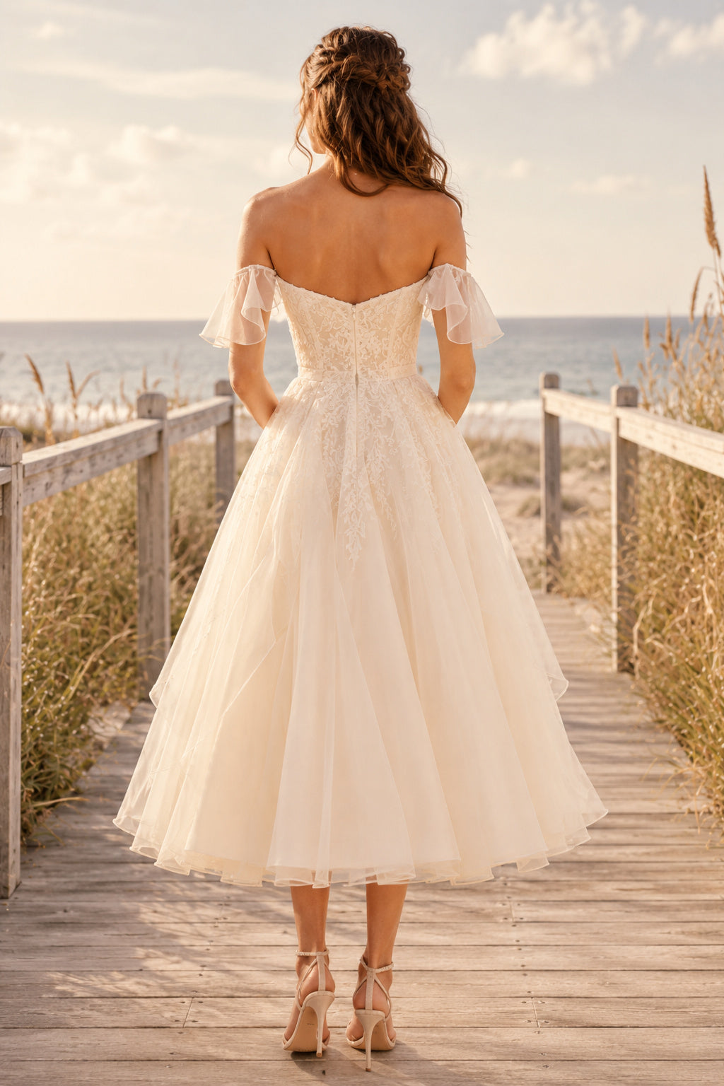 Ivory Off-the-Shoulder Sweetheart Flutter Sleeve Lace Tulle Tea-Length Wedding Dress with Flutter Sleeves and Soft Tulle Skir