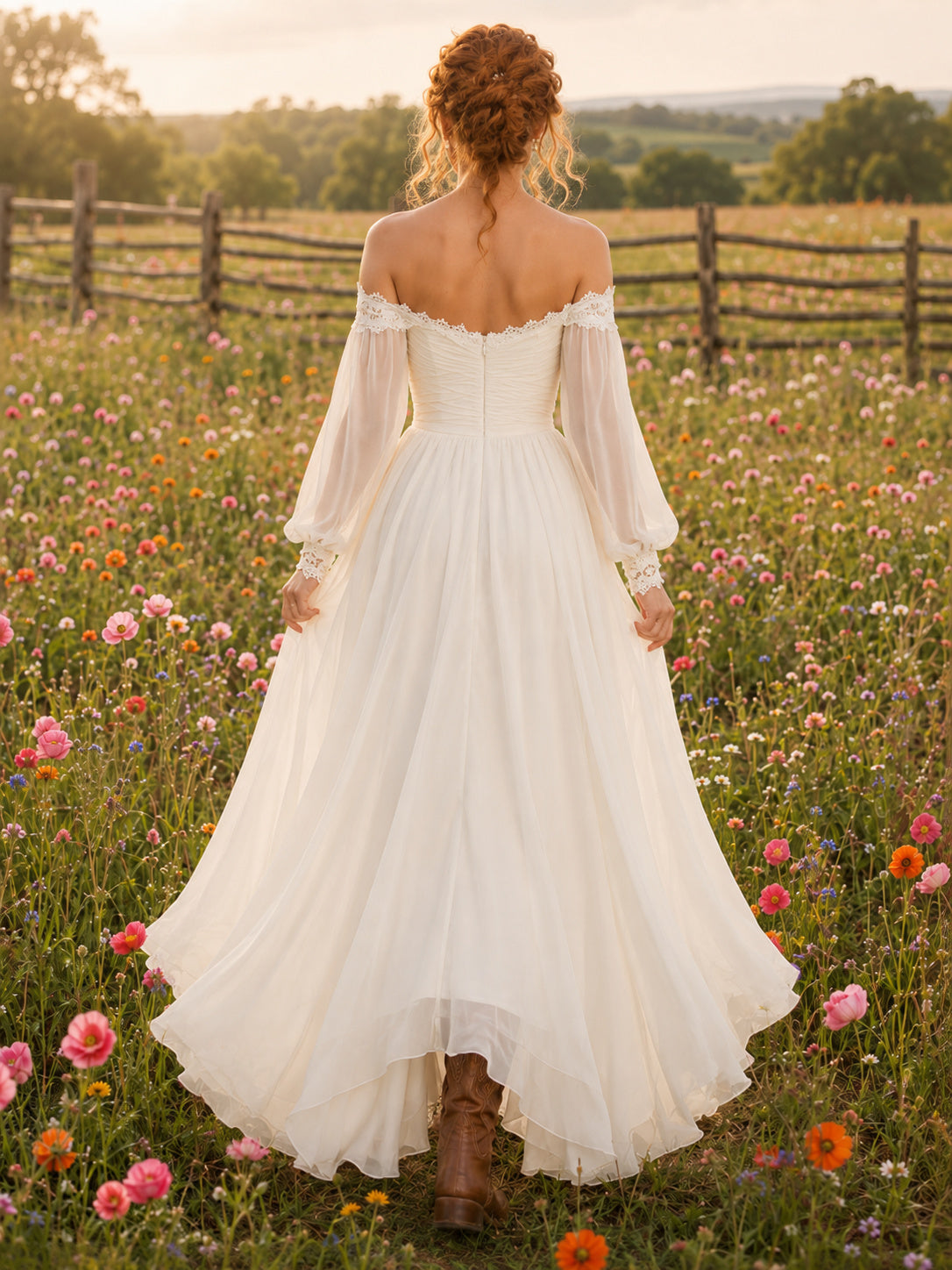 Wildflower Country Boho Romantic A-Line Tulle Chiffon Wedding Dress with Off Shoulder Sweetheart Bell Sleeves Long Sleeve Flo