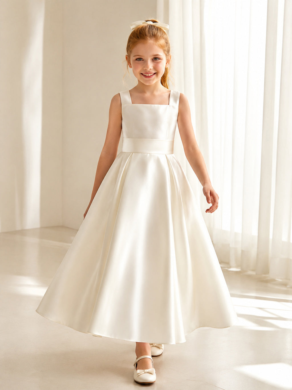 Ivory Luxury Minimalist Satin Bow Back A-Line Flower Girl Dress with Sleeveless, Square Neck and Tea-Length Skirt front view