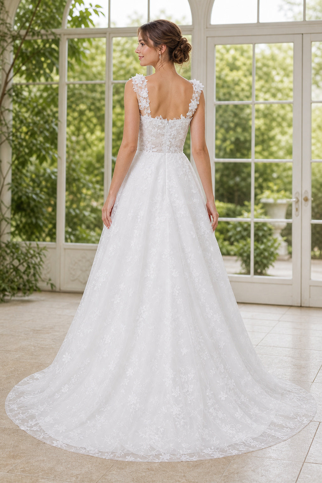 Ivory V-neck A-Line Chiffon Floor-length Wedding Dress With Floral Appliques and Front Slit and Open Back