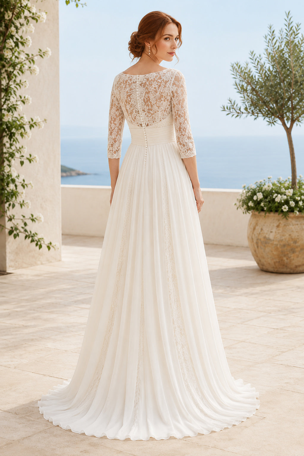 Ivory Modest High Neck A-Line Soft Tulle Wedding Dress with Three Quarter Lace Sleeves and Sweep Train back view