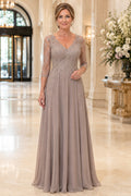 Taupe V-Neck Mother Dress with Illusion Lace Long Sleeves and Chiffon Skirt for Evening Reception front view