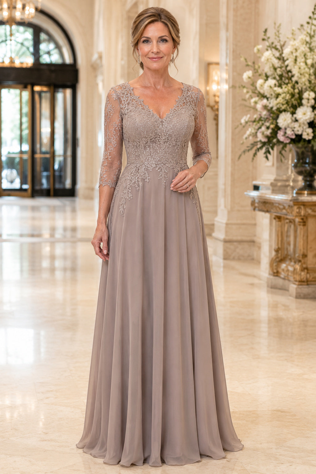 Taupe V-Neck Mother Dress with Illusion Lace Long Sleeves and Chiffon Skirt for Evening Reception front view