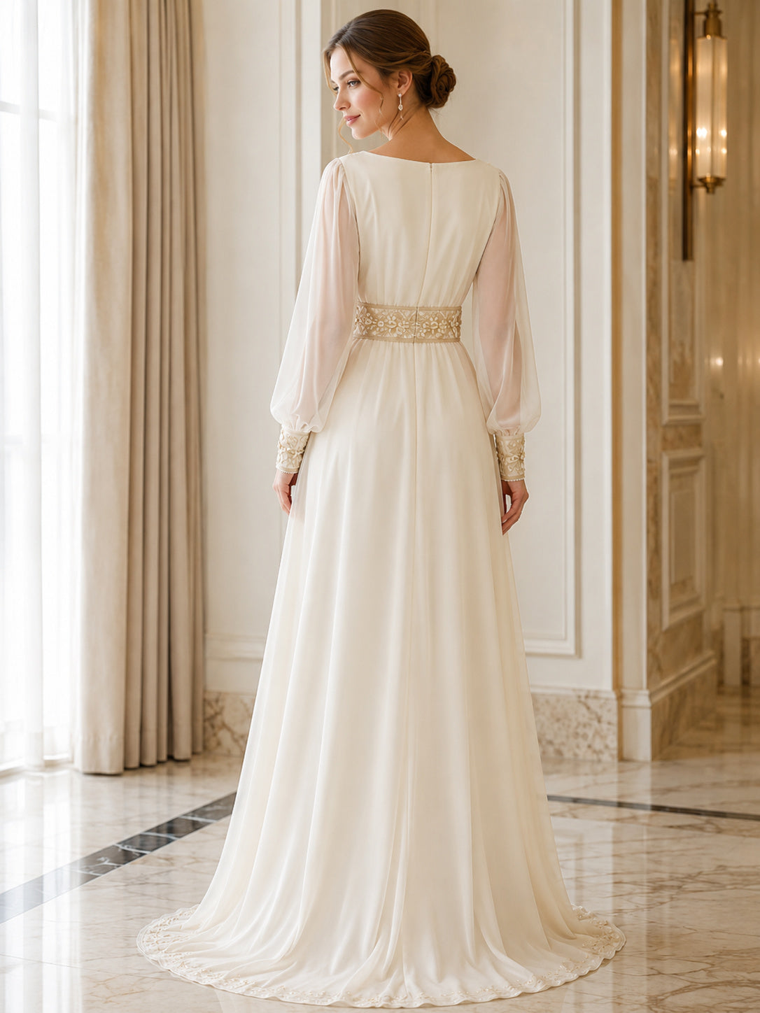 Elegant Bridal Caftan A Line Bateau Long Poet Sleeve Gold Embroidered Wedding Gown back view