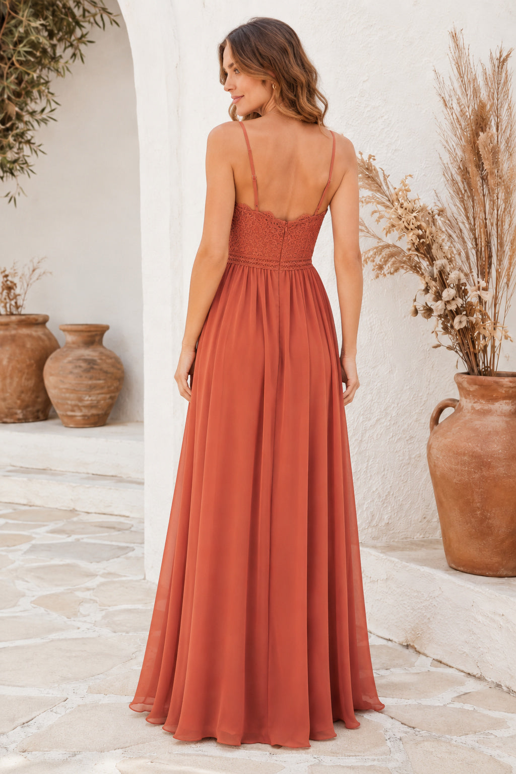 Papaya Spaghetti Strap Lace Bodice Chiffon A-Line Bridesmaid Dress with V-Neck back view