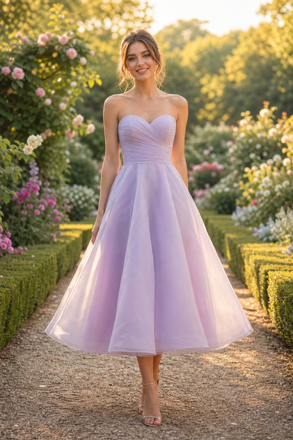 Lavender Strapless Tea-Length Satin A-Line Dress