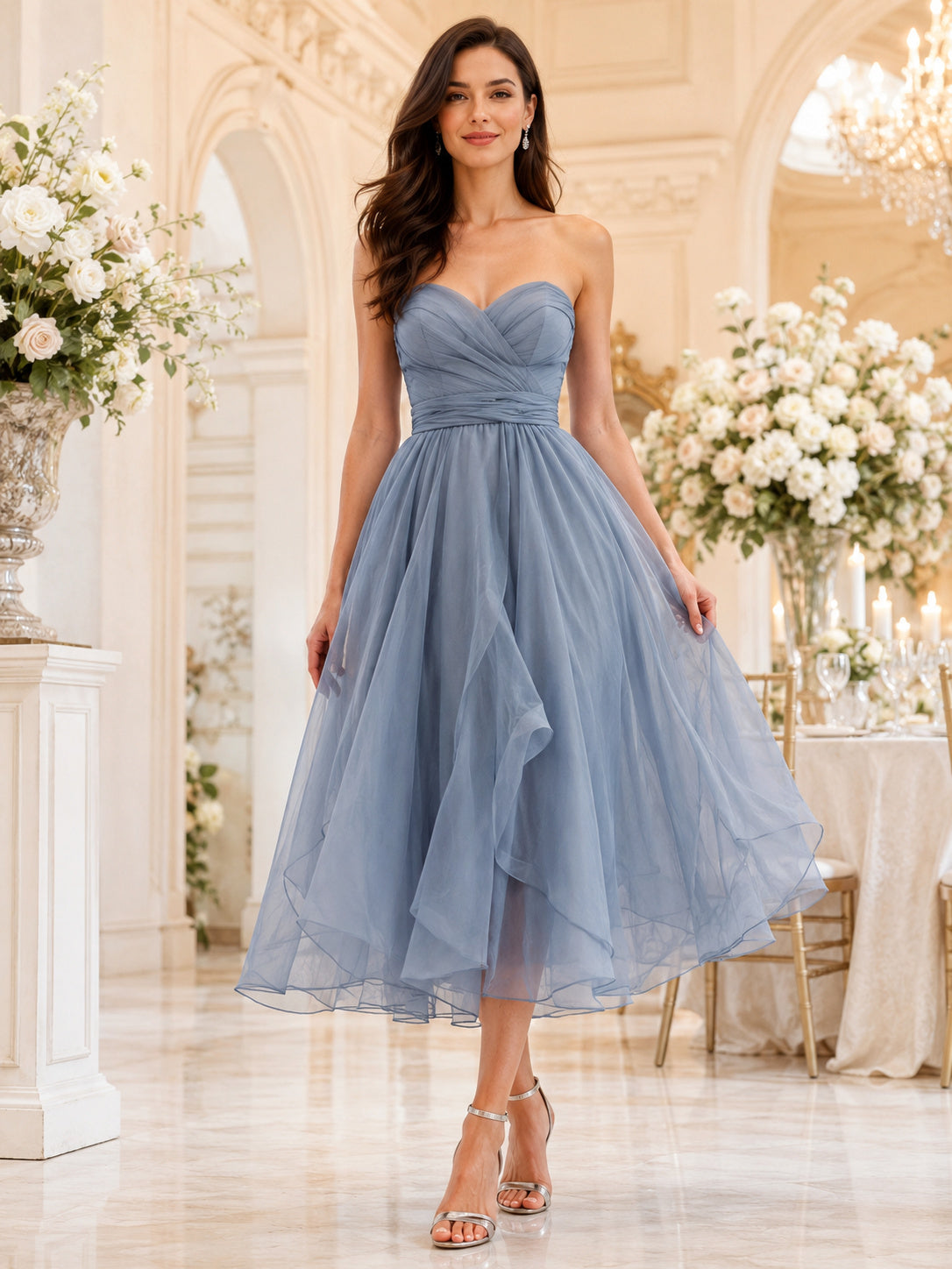 Slate Blue Sweetheart Strapless Layered Organza Midi Guest Dress front view