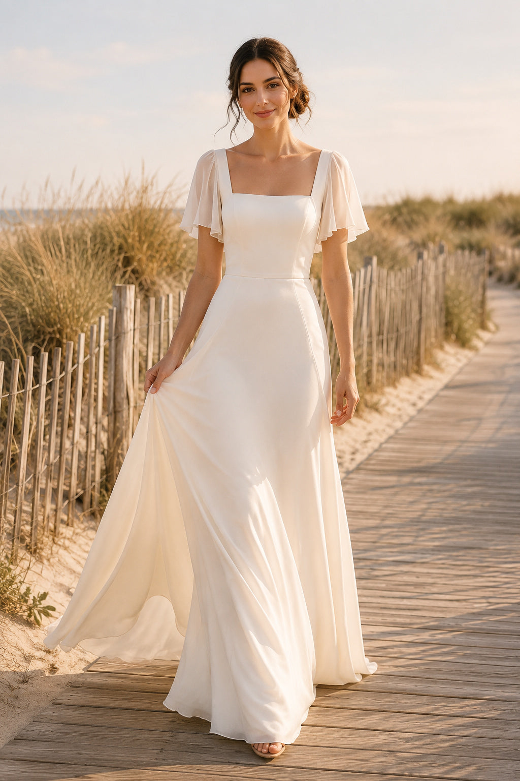 Ivory Square Neck Flutter Sleeve Chiffon A-Line Wedding Dress with Soft Train front view