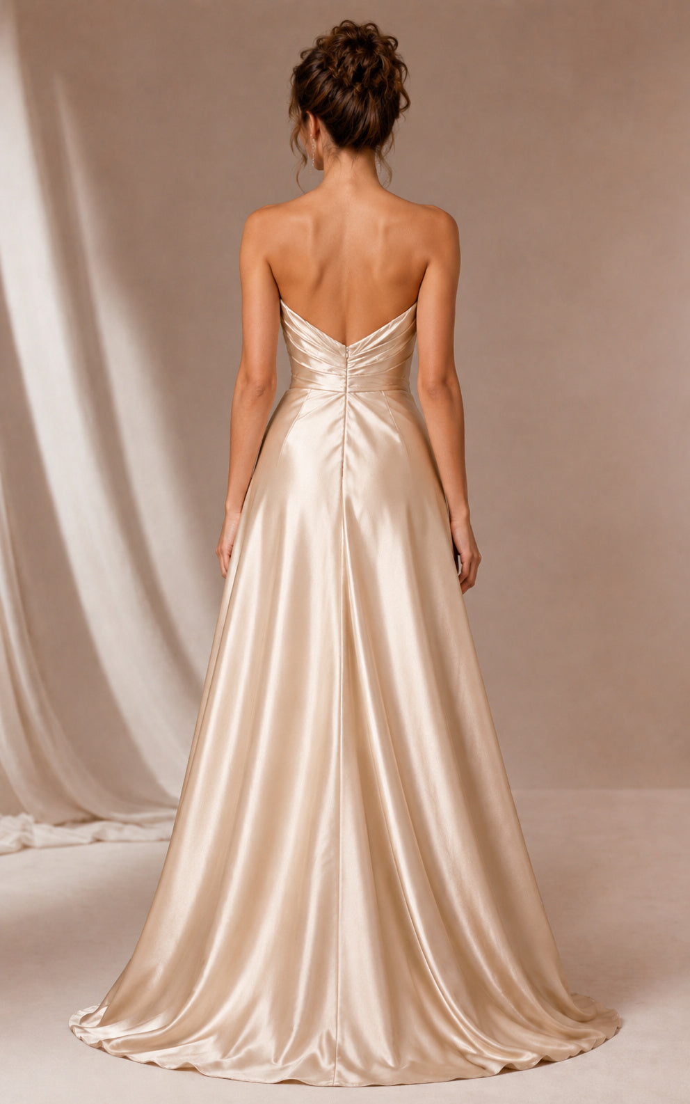 Champagne Satin A-Line Prom Dress Sweetheart Ruched Formal Gown back view