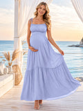 Periwinkle Maternity Square Neck Tie Strap Tiered Chiffon Ankle Length Beach Dress front view