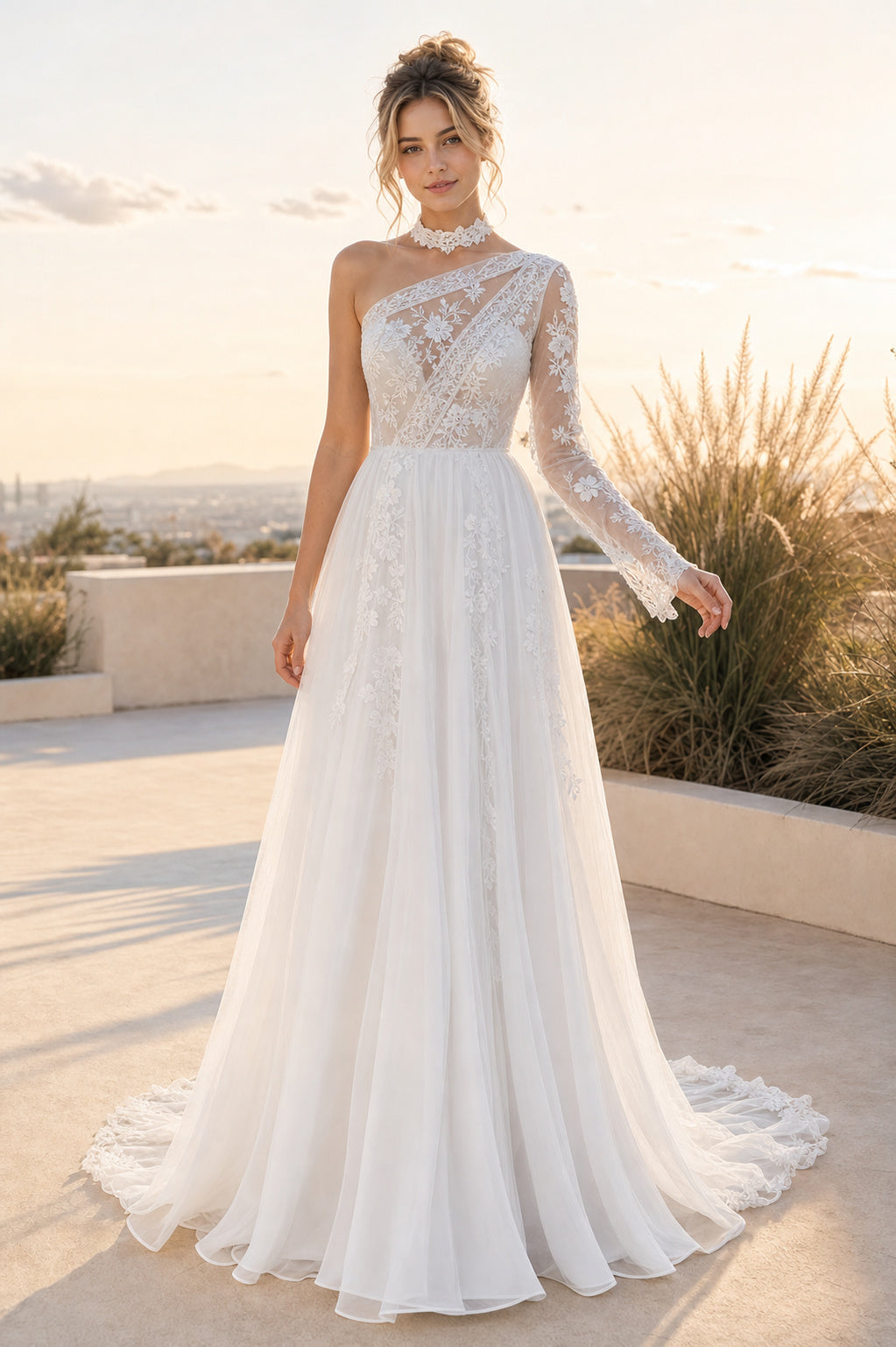 White One-shoulder Long Sleeves A-Line Chiffon Floor-length Wedding Dress With Pleats and Train
