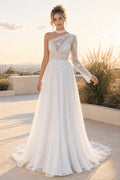 White One-shoulder Long Sleeves A-Line Chiffon Floor-length Wedding Dress With Pleats and Train